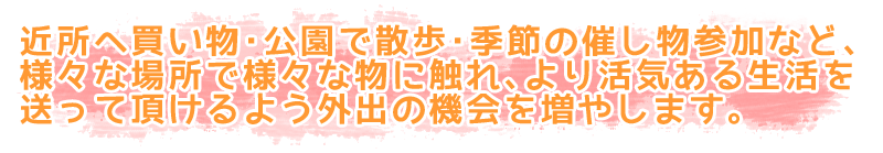 近所へ買い物･公園で散歩･季節の催し物参加など､様々な場所で様々な物に触れ､より活気ある生活を送って頂けるよう外出の機会を増やします。